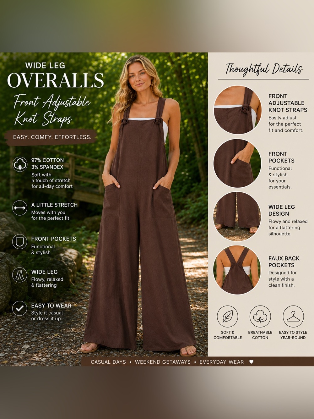 🆕 Wide Leg Brown Overalls Adjustable Knot Strap Jumpsuit NWT S M L